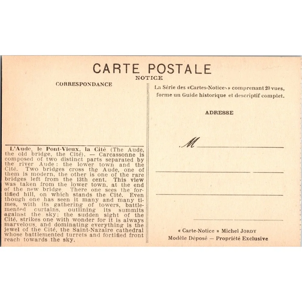 Vintage‎ Carte-Notice Postcard of The Cité of Carcassonne & Old Bridge